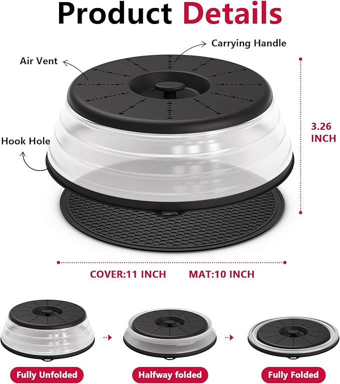 WVM Microwave Splatter Cover & Mat, Vented Collapsible Splatter Guard dish Plate lid & Silicone Round Kitchen Mat for Food, Meal Prep - Image 6