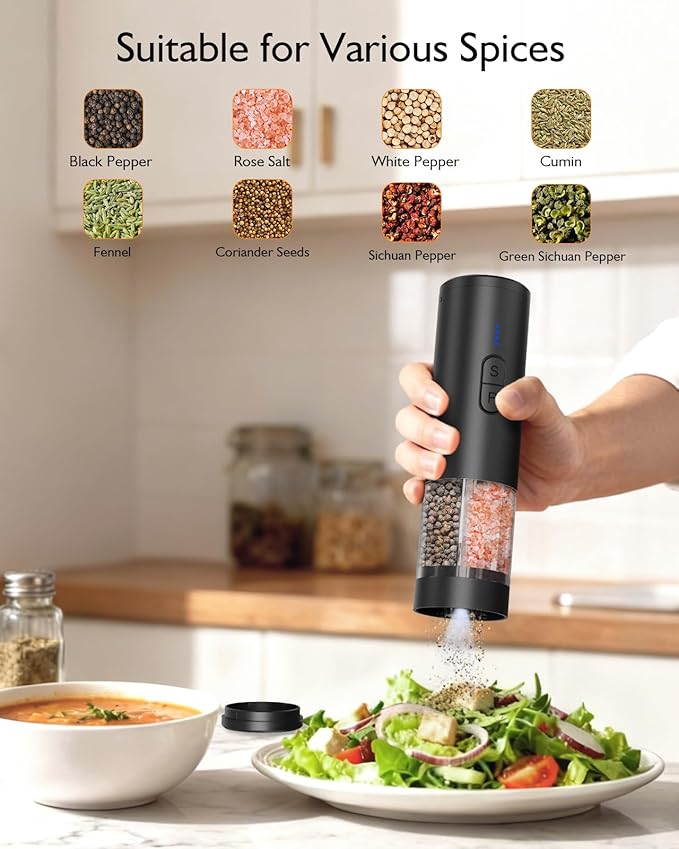 Electric Salt and Pepper Grinder Set, 2 in 1 Dual Bins USB Rechargeable Refillable Automatic Salt and Pepper Mill Shaker with LED Light, Dual Ceramic Grinder Adjustable Coarseness, kitchen gift, Black - Image 9