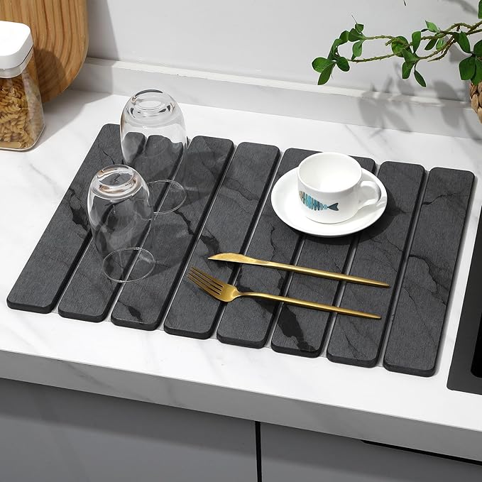 2 PCS Stone Dish Drying Mat for Kitchen Counter,Quick Dry Stone Dishes Mats,Marbled Water Absorbing Diatomaceous Earth Drying Pad for Countertop Bottles Utensils Cups(Dark Gray 20"×14" & 8"x4") - Image 8
