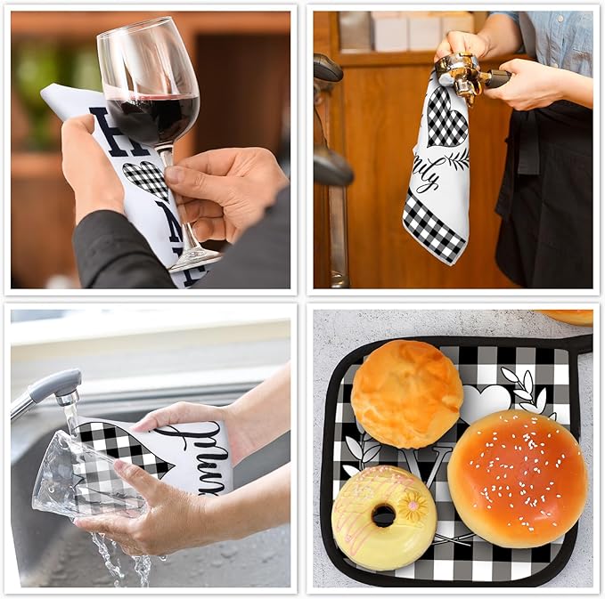 5 Pieces Buffalo Plaid Kitchen Towels Oven Mitts and Pot Holder Set Black and White Kitchen Towels Oven Gloves, Hot Pads Pot Holders for Farm House Accessories Decor(Heart) - Image 7