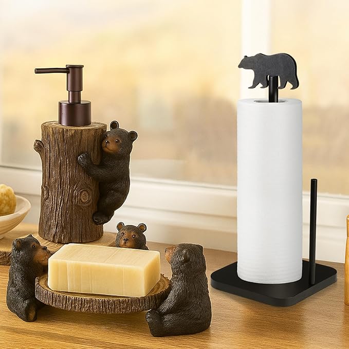 Leinuosen Cabin Bear Paper Towel Holder Farmhouse Bear Wooden Paper Towel Holder Black Bathroom Countertop Accessories Kitchen Stand Organizer Standing Apartment Decor Housewarming Gift