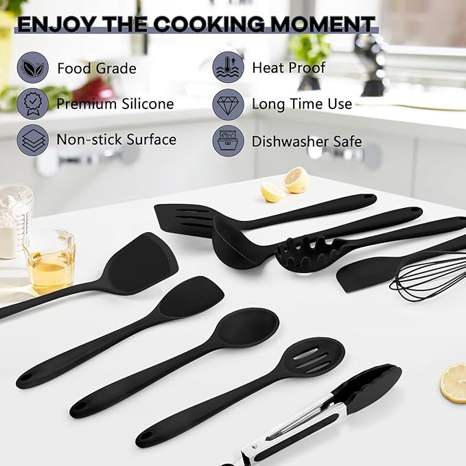 TeamFar Silicone Cooking Utensils, 10 pcs Kitchen Cooking Utensils Set, 446°F Heat Resistant Kitchen Gadgets Tools Set w/Spatula, Turners, Spoons, Soup Ladle, Pasta Server for Nonstick Cookware, Black - Image 7