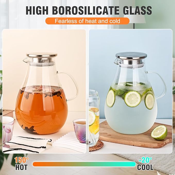 2500ml Glass Pitcher with Lid, 88 Ounces with Precise Scale Line, Hot/Cold Water Jug, Juice and Iced Tea Beverage Carafe with Lid - Image 7