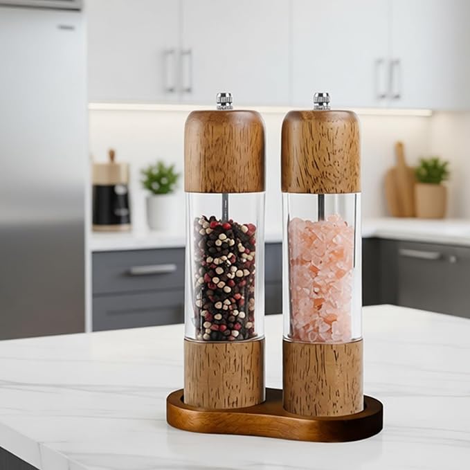 Wooden Salt and Pepper Grinder Set, Premium Oak Wood Salt Grinders Shakers, Pepper Mill with Acrylic Clear Window, Adjustable Ceramic Grinder (8″ - 2 Packs with Tray)