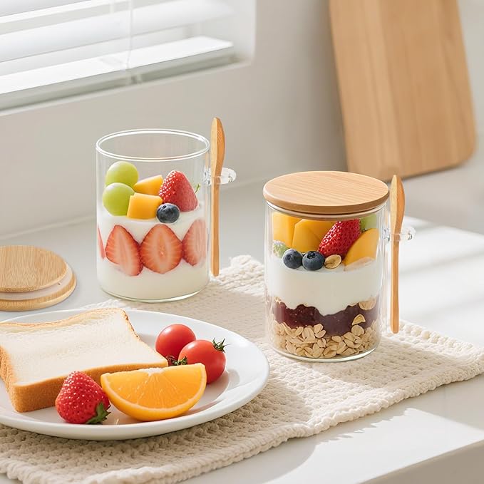 TBWIND 6 Pack Overnight Oats Containers with Lids and Spoons, 16oz Glass Jars with Bamboo Lids, Airtight Meal Prep Yogurt Containers for Breakfast, Parfait, Salad, Chia Pudding