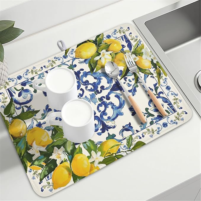 Lemon Dish Drying Mat 24x18 Inch, Blue Tiles Drying Mat with Absorbent Reversible Microfiber, Italian Olive Tree Dish Drainer Mats Summer Rack Pad for Coffee Countertop Kitchen Protector