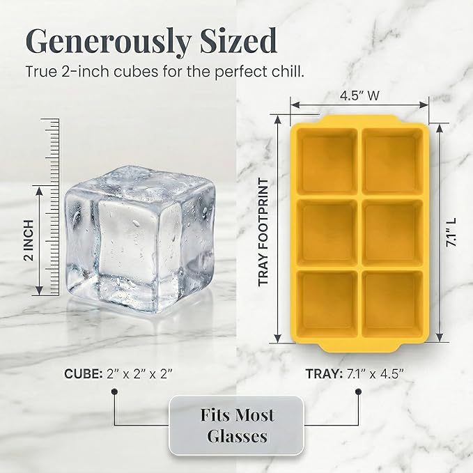 KitchFort Large Silicone Ice Cube Tray (2-Pack), Easy Release 2" Big Ice Cubes - Cocktail, Whiskey Ice Cubes Mold - Ice Trays for Freezer with Lid - Stackable Silicone Ice Tray - Mustard Yellow - Image 8