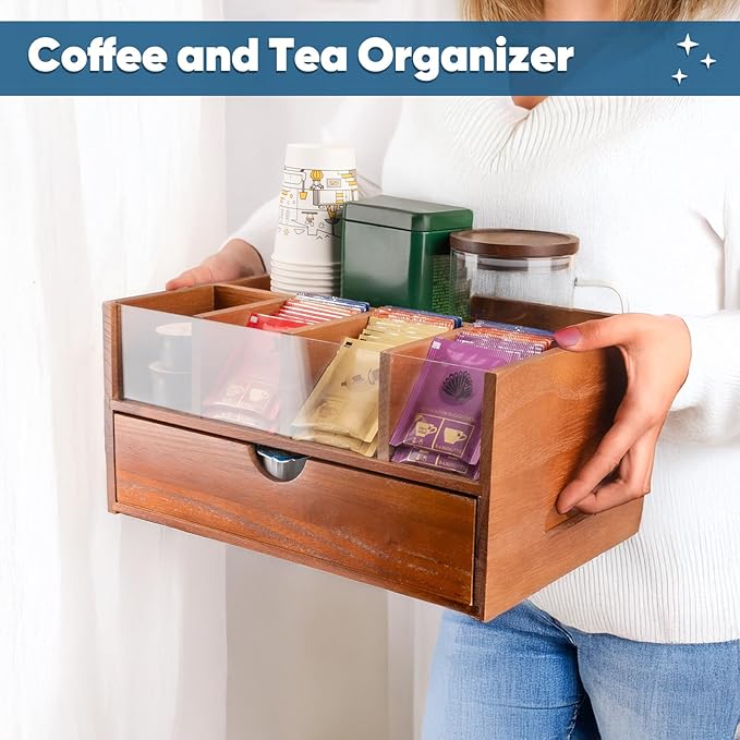 Coffee Bar Station Organizer for Countertop, Coffee and Tea Drawer Organizer, Koffee Cup Organizer Station Pod Holder with 2 Drawers