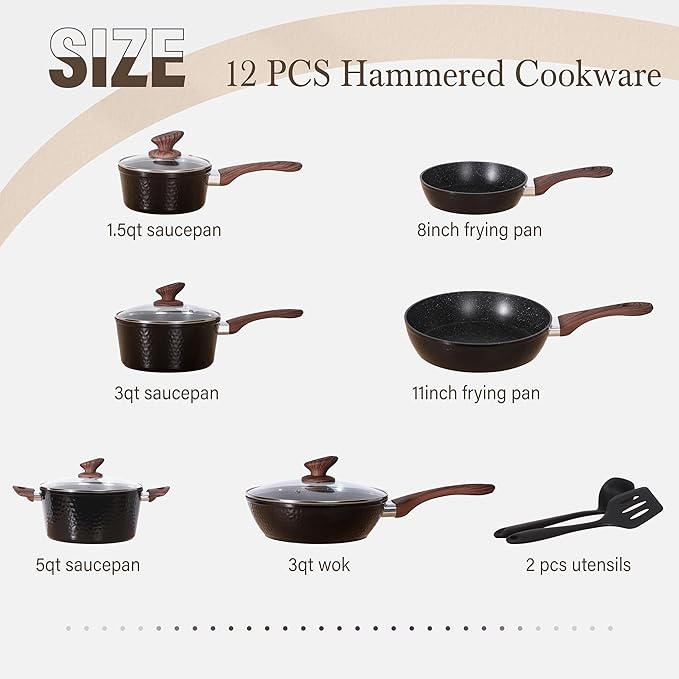 Kitchen Academy Induction Pots and Pans Set Non Stick - 12 Pcs Nonstick Kitchen Cookware Set, Black Hammered Cooking Pans Set - Image 7