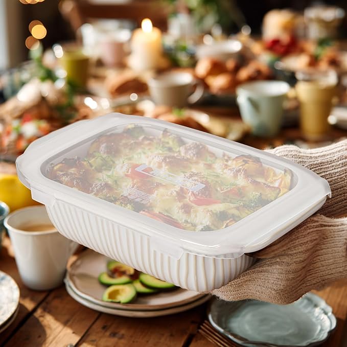 Artena Baking Dish 2.3 Quarts, Casserole Dishes For Oven, Baking Pan With Handles, Lasagna Pan Deep, Large Casserole Dish, Rectangular Ceramic Bakeware, White (Baking Dish With Lids) - Image 9