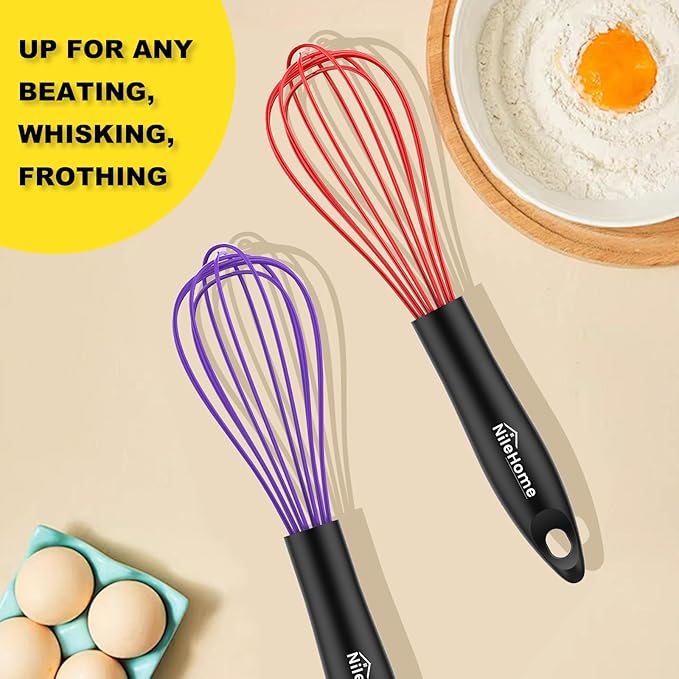 NileHome Silicone Whisk Set, 3 Pack Kitchen Whisk 10" Kitchen Wisk Wire Whisks for Cooking, Whisking, Blending, Beating, Stirring-Multicolor - Image 7