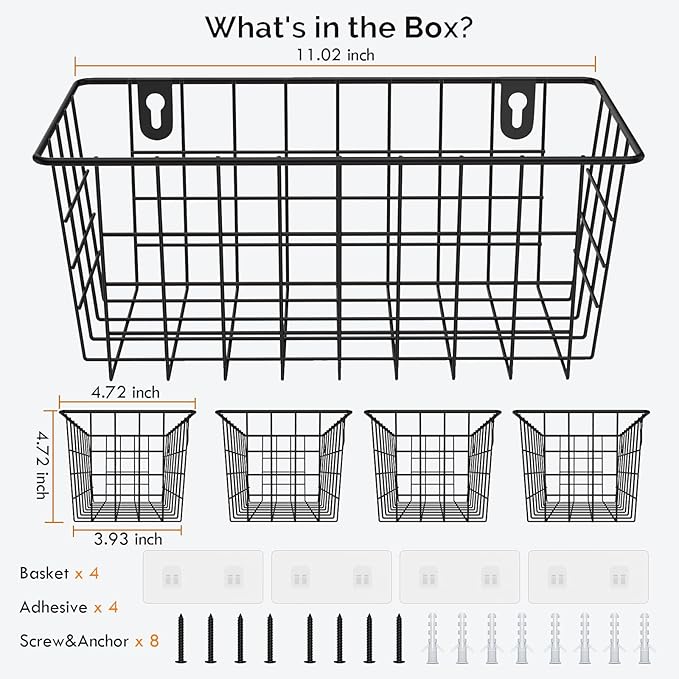 MaraFansie Hanging Wire Baskets Kitchen Storage Basket Adhesive and Screws Basket Over the Cabinet Door Organizer with Adhesive Strips and Screws Accessories, 2 Installations, 4 Pack, Black - Image 7