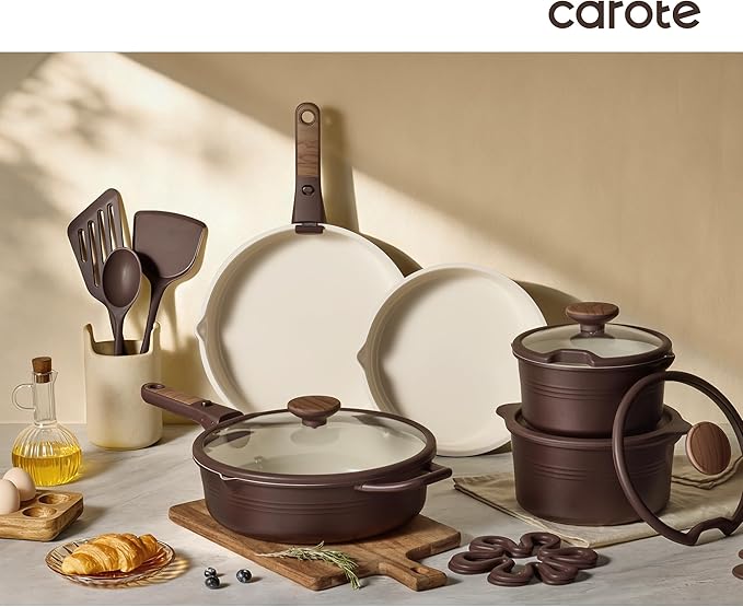 CAROTE 22Pcs Titanium Cookware Set, Pots and Pans Set Non Stick, Kitchen Cooking Set with Detachable Handle, Non Toxic Induction Cookware, Dishwasher/Oven Safe, Browm - Image 8