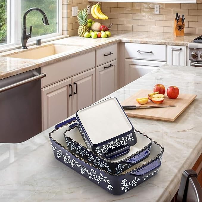 AVLA 3 Pack Ceramic Bakeware Set Porcelain Rectangular Baking Dish Lasagna Pans for Cooking Kitchen Casserole Dishes Cake Dinner 12 x 8.5 x 6 Inches of Baking Pans Banquet and Daily Use Cobalt Blue - Image 7