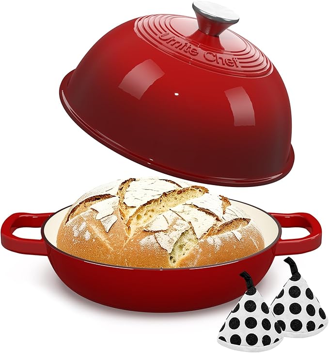Enamelled Cast Iron Dutch Oven Pot – Dutch Oven Pot with Lid For Sourdough Bread Baking – Cast Iron Bread Oven – Red, Umite Chef 6QT Pot with Lid & Cotton Potholders - Image 9