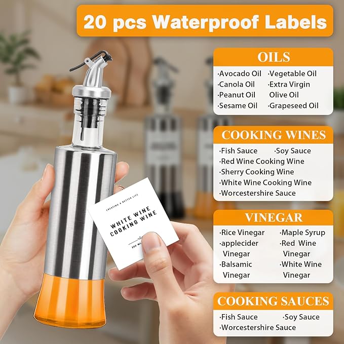 Olive Oil Dispenser Bottles for Kitchen with Bamboo Tray, Oil and Vinegar Dispenser Set, Stainless Steel Glass Dispensers for Kitchen, Dispenser Bottle of 300ml - Set of 2 - Image 7