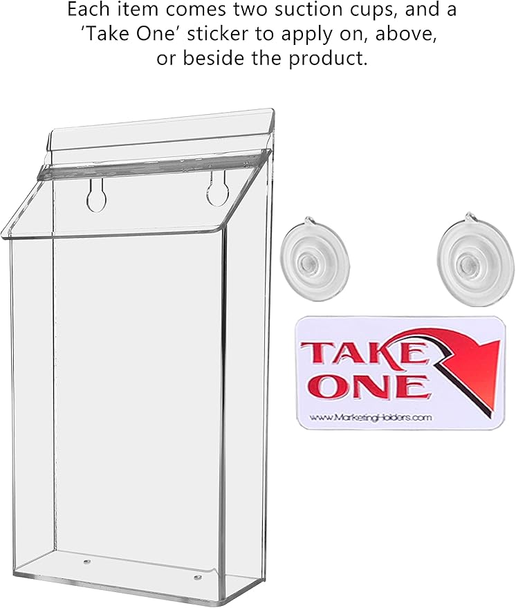 Suction Cup Outdoor Brochure Holder for 6 x 10 Inch Pamphlets and Handouts Window or Glass Wall Mount Includes Take One Sticker Clear Acrylic Advertisement Box by Marketing Holders