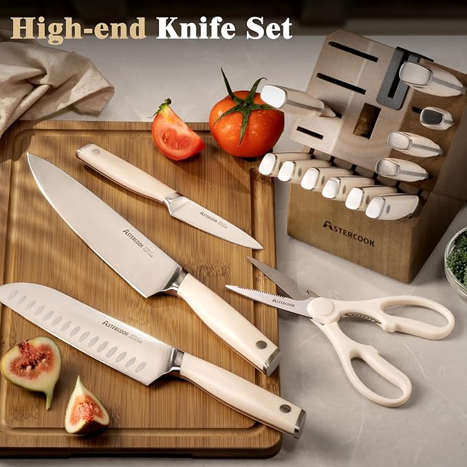 Astercook Knife Set Kitchen with Block and Sharpener Premium Full Tang 17 Pcs German Stainless Steel Knives Dishwasher Safe Kitchen Utensils Set with with and Anti-slip Ergonomic Handle, Cream White - Image 8