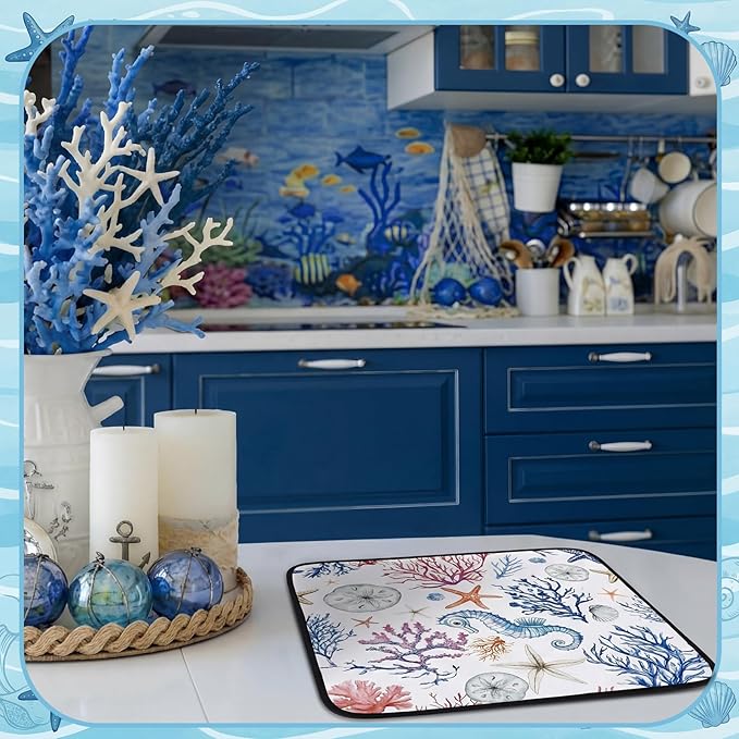 Breling Summer Dish Drying Mat Beach Kitchen Dry Mat 16 x 18 Inch Seahorse Blue Coral Table Dishes Pad Microfiber Absorbent Drying Reusable Washable Pad Kitchen Accessories for Home Decor