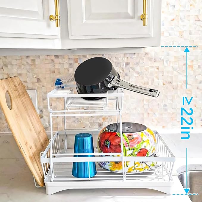 7 code Large Dish Drying Rack, 2-Tier Dish Racks for Kitchen Counter, Detachable Large Capacity Dish Drainer Organizer with Utensil Holder, Dish Drying Rack with Drain Board, White - Image 7