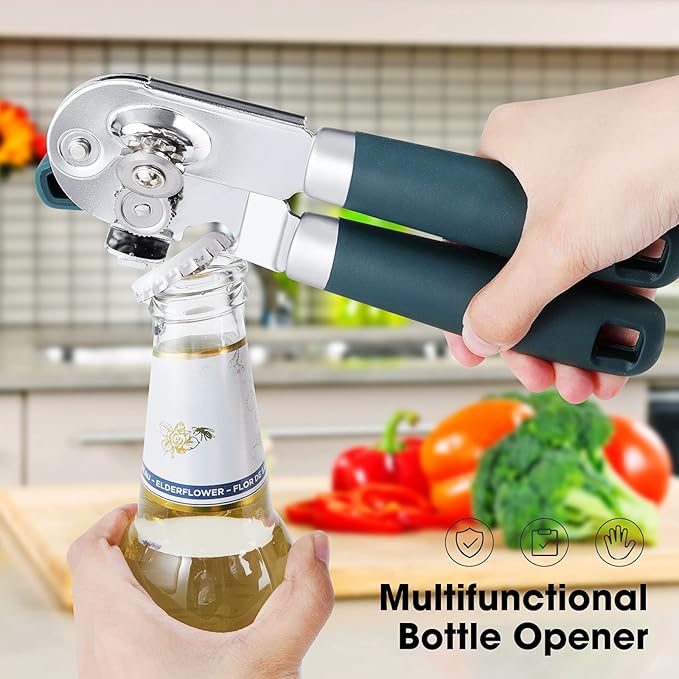 Beneno Heavy Duty Hand Can Opener Manual with Magnet, Durable Sharp Carbon Steel Blade Smooth Cutting, Big Effort-Saving Knob & Soft Grip Handle, Multifunctional Kitchen Tool with Bottle Opener, Green - Image 6