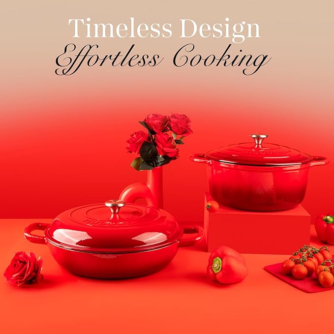 Shallow Cast Iron Casserole with Lid – Non Stick Dutch Oven Pot, Oven Safe up to 500° F – Sturdy Ovenproof Stockpot Cookware – Enamelled Cooking Pot – Red, 3.7-Quart, 30cm – by Nuovva