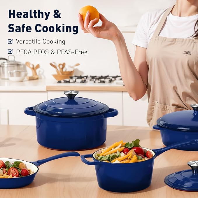 DishDelight 7 Pcs Enameled Cast Iron Pots and Pans Set, Induction Enamel Coated Cookware, Blue Dutch Oven Set with Lids, Oven Safe up to 500ยฐ F or on All Stovetop, PFOA&PFAS Free