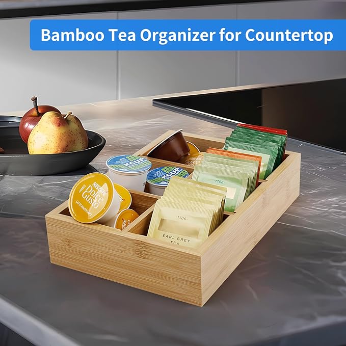 Wood Tea Bag Organizer with 6 Slots – Tea Bag Holder and Tea Organizer, Sugar Packet Storage for Countertops,Small Tea Packet Storage Box for Drawer, Removable Dividers,10 x 6.5 x 2.2inch