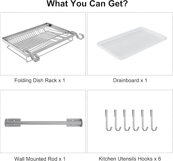 TQVAI Over Sink Dish Drainer Drying Rack, Stainless Steel Foldable Wall Mounted Dish Racks with Drainboard Hanging Rod and Sponge Holder, Silver - Image 9