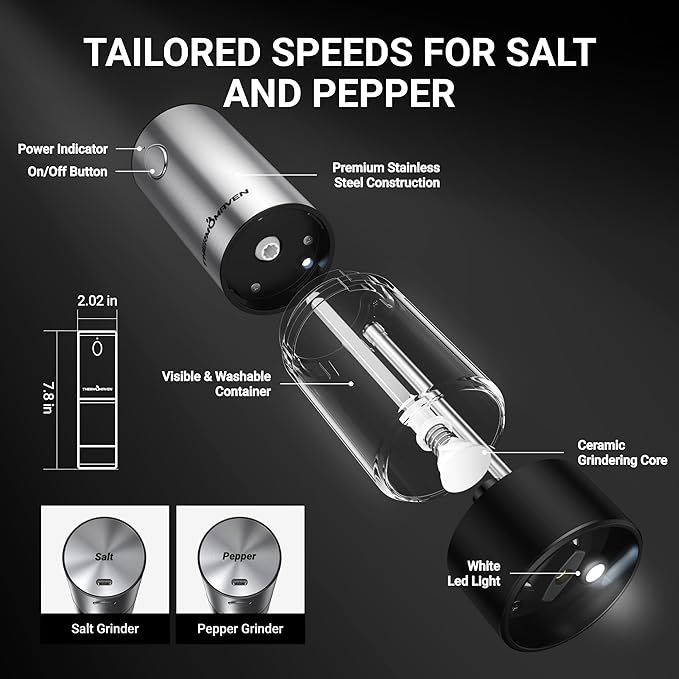 ThermoMaven Upgraded Larger Capacity Electric Salt and Pepper Grinder Set, 110ml Rechargeable Salt and Pepper Shaker with LED Light, 6 Adjustable Coarseness, Stainless Steel, Black & Silver - Image 7
