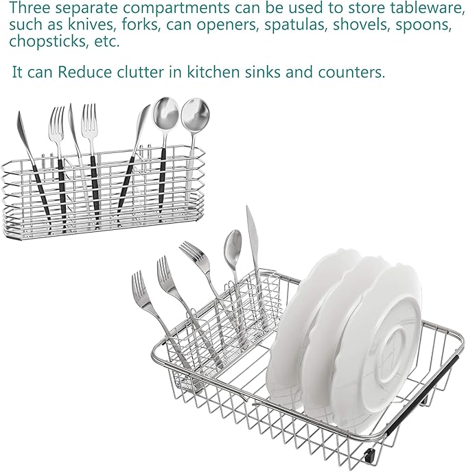 NiuYichee 304 Stainless Steel Utensil Holder, Dish Drying Rack, kitchen Utensil Organizer, Knife and Fork Drainage Rack, Kitchen Drainage Basket Accessories, With Hooks, Rust Proof, Color-Silver - Image 6