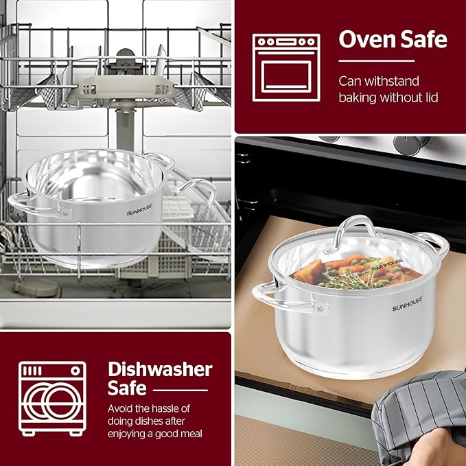 SUNHOUSE 8 Quart Stock Pot with Lid - 3-Ply Bottom Stainless Steel Pasta Cooking Canning Dutch Oven Pot - Induction Compatible for All Stovetops - Dishwasher Safe & Oven Safe - Image 9