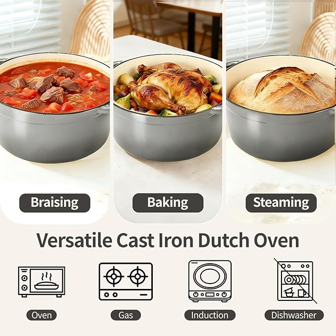 Enameled Cast Iron Dutch Oven with Lid -6.5 QT, incl. Sourdough Bread-Baking Supplies like Banneton Proofing Basket, Heavy Duty Cookware Bread-Oven for Baking, Stews, and Roasting, Gray - Image 8