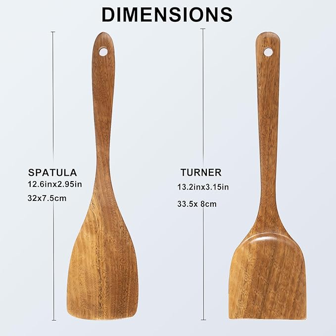 Wooden Spatulas, 2 PCs Natural Acacia Wooden Cooking Utensils Set for Non-stick Pan Kitchen Tool, flipping and Wok Spatula, Wooden Spoons & Spurtle for Cooking - Image 8