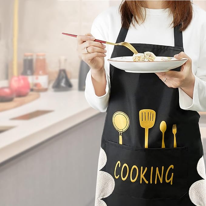 Women Kitchen Apron with Hand Wipe Pockets,Big Pocket,Hand-wiping, Waterproof for Cooking Baking-Black