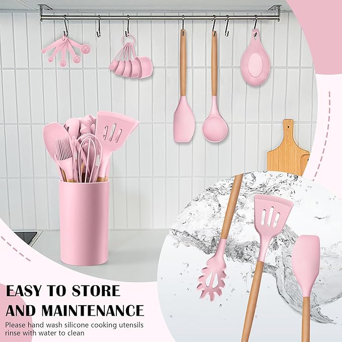 HaWare Kitchen Cooking Utensils Set, 23-Piece Silicone Kitchen Utensils Spatula Set with Holder, Heat Resistant Wooden Handle Kitchen Gadget for Nonstick Cookware, Food-grade Turner Spoon Sets (Pink) - Image 7