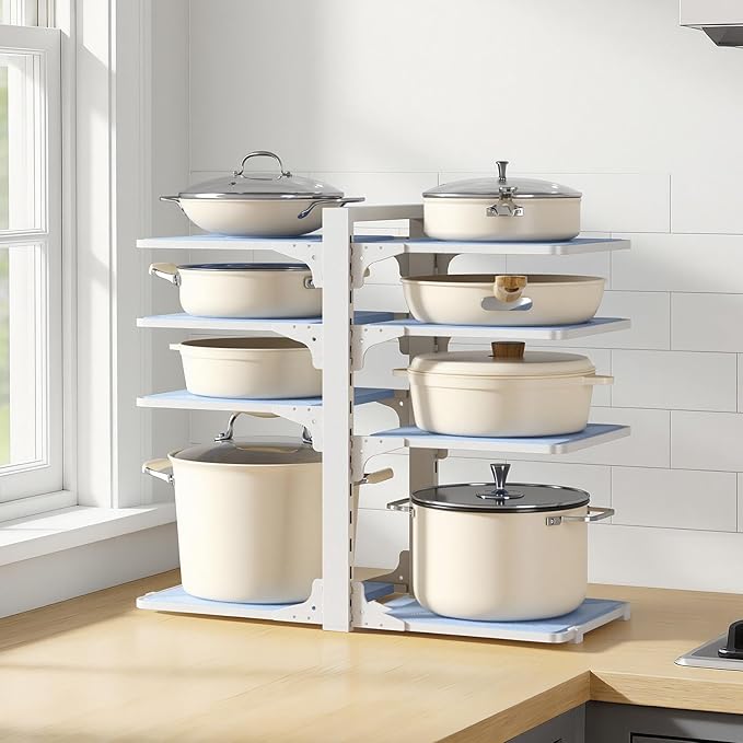 LAMU Pots and Pans Organizer under Cabinet, 8 Tier Heavy Duty Pan Organizers inside Cabinet, Adjustable Pot Rack for Small Kitchen Storage, 15" Height Holds Cast Iron Pans and Skillets White - Image 9