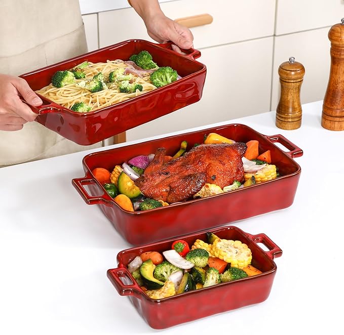 VICRAYS Ceramic Bakeware Set, Porcelain Rectangular Baking Dish, Baking Pan Lasagna Pans Casserole Dish Set for Cooking, Kitchen, Cake Dinner, Banquet, 3 PCS, 15 x 8.5 Inches (Cherry Red) - Image 7