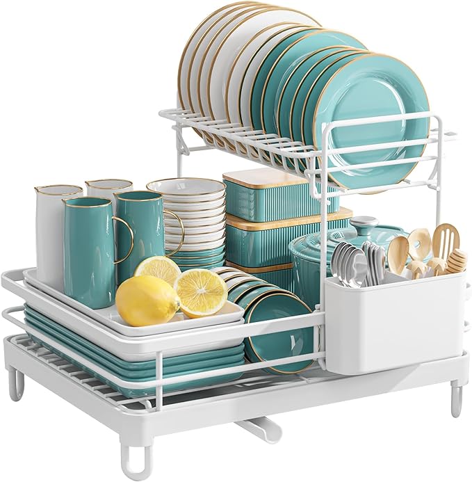 Sakugi Dish Drying Rack - X-Large Stainless Steel Dish Rack for Kitchen Counter, 2-Tier Kitchen Organizers and Storage for Dishes, Bowls, Cutlery, White - Image 3