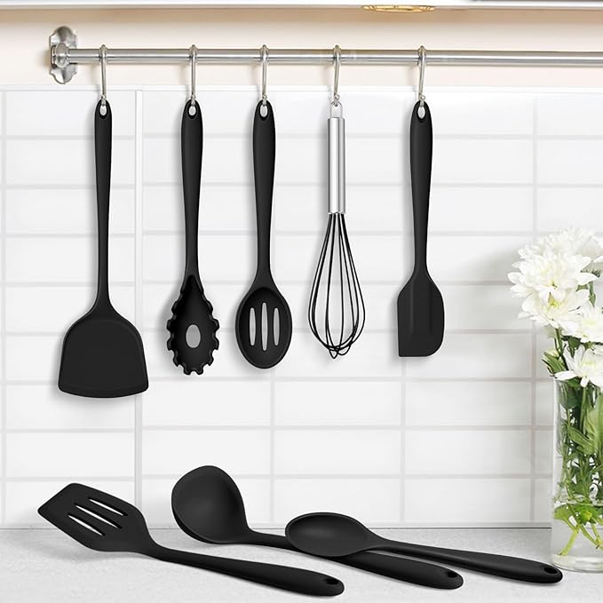 TeamFar 8 PCS Silicone Cooking Utensils - 446°F Heat Resistant Kitchen Silicon Utensils Set, Turner, Spatula, Spoon, Whisk, Kitchen Cooking Gadgets Tools for Nonstick Cookware, Dishwasher Safe-Black - Image 7