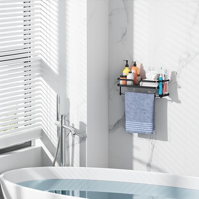 Taozun Paper Towel Holder with Shelf & Side Straw Basket, Black Kitchen Paper Holder Spice Rack Black Paper Towel Roll Holder RV Paper Towel Rack with 4 Hooks