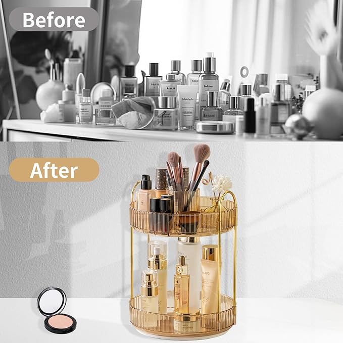 Asayuee 360 Rotating Makeup Organizer,2 Tier Large Capacity Make Up Organizers and Storage,Skincare Perfume Vanity Organizers,Bathroom Cosmetics Storage Organizer Countertop(Gold) - Image 5