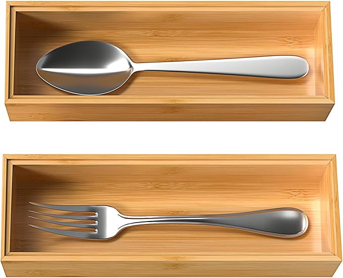 VeyFey Silverware Tray for Drawer, Stackable Kitchen Bamboo Drawer Organizer 9" x 3" x 2" Set of 2 - Image 7