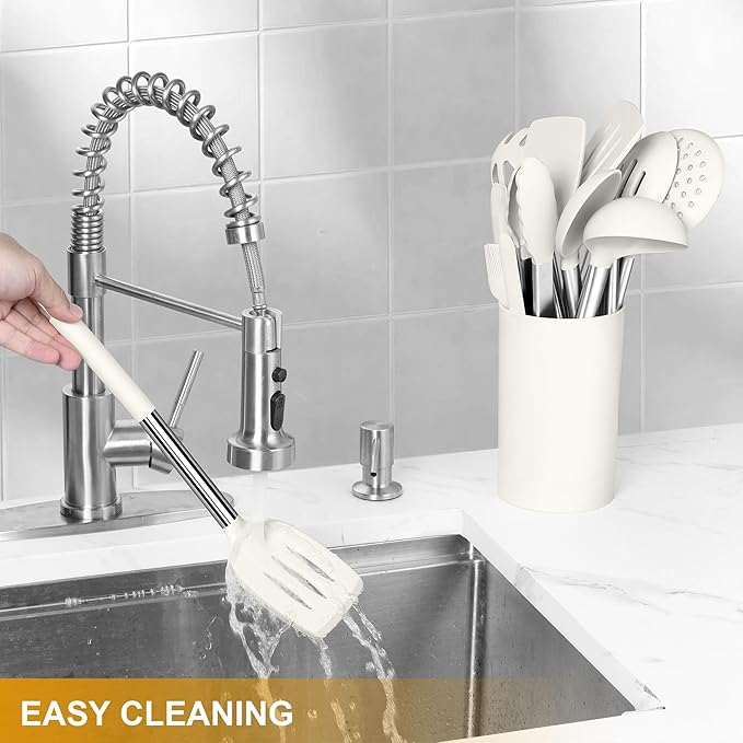 LIANYU 15 Pcs Cooking Kitchen Utensils Set with Holder, Silicone Kitchen Gadgets with Stainless Steel Handle, Heat Resistant Spatula Tools, Brush Spoon Tong Whisk Ladle Turner for Cookware, White - Image 9