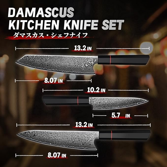 TIVOLI Damascus Knife Set 3PCS - VG10 Japanese Kitchen Knife - Ultra Sharp Chef Knives Set With Octagonal Handle,Professional Cooking Knives for Meat Vegetable Fruit, Christmas Gift for Mom Dad
