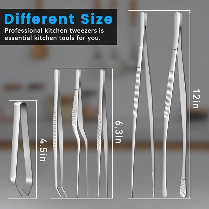 HOTEC Kitchen Tweezers Tongs Stainless Steel, Set of 6 - Professional Cooking Tweezers for Cooking, Chefs, BBQ, Seafood, Baking & Repair - Image 7
