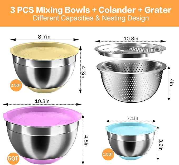 Nicdiet Mixing Bowls with Airtight Lids, Stainless Steel Mixing Bowl Set with 3 Metal Nesting Bowls, Colander & Grater, Non-Slip Bottoms, Size 1.5, 2.5, 5 QT, Great for Mixing & Serving, Mutilcolor - Image 7