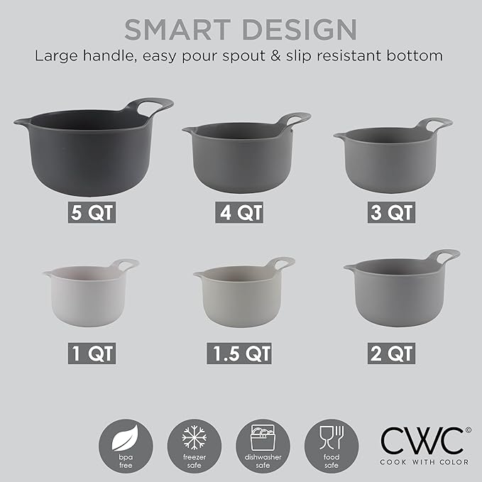 COOK WITH COLOR Nesting Plastic Mixing Bowl Set with Pour Spouts and Handles, Gray, 6 Piece Non-Slip - Image 7