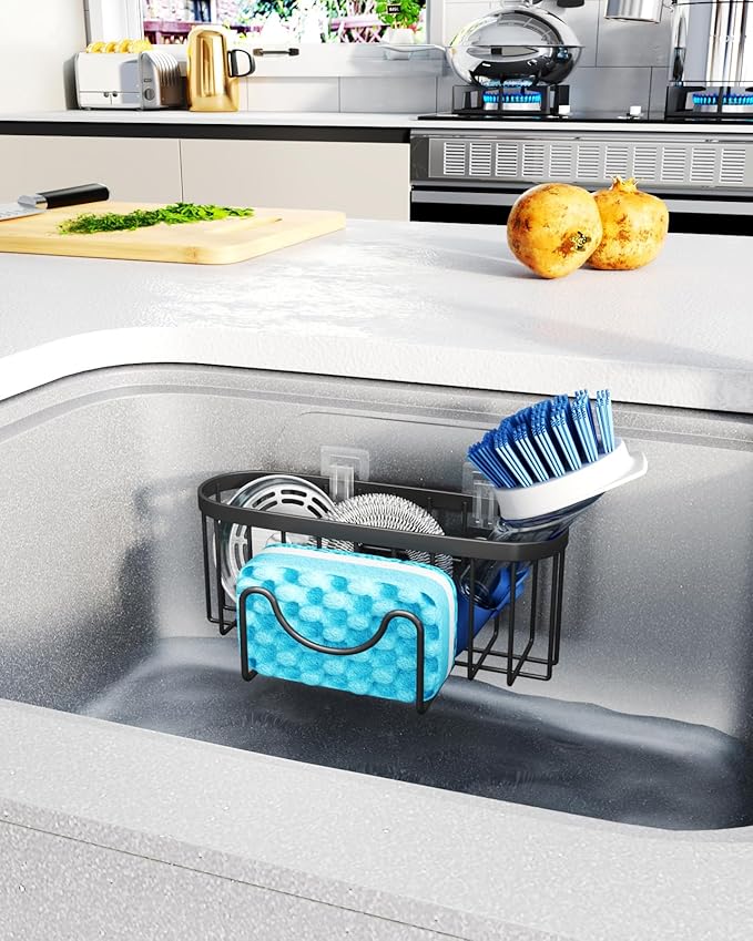 HapiRm Kitchen Sponge Holder for Sink - 2 Installation Methods Kitchen Sink Caddy Organizer with Unique M-Shaped, Rustproof Stainless Steel Sponge Caddy - Black(Large) - Image 7