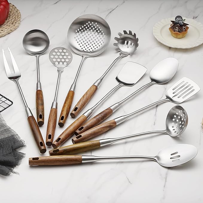 10 Pcs Cooking Utensils Set 304 Stainlss Steel Kitchen Utensils Set Heat Resistant Wooden Handle Kitchen Tools Metal Kitchen Utensil Soup Ladle Set, Dishwasher Safe - Image 7